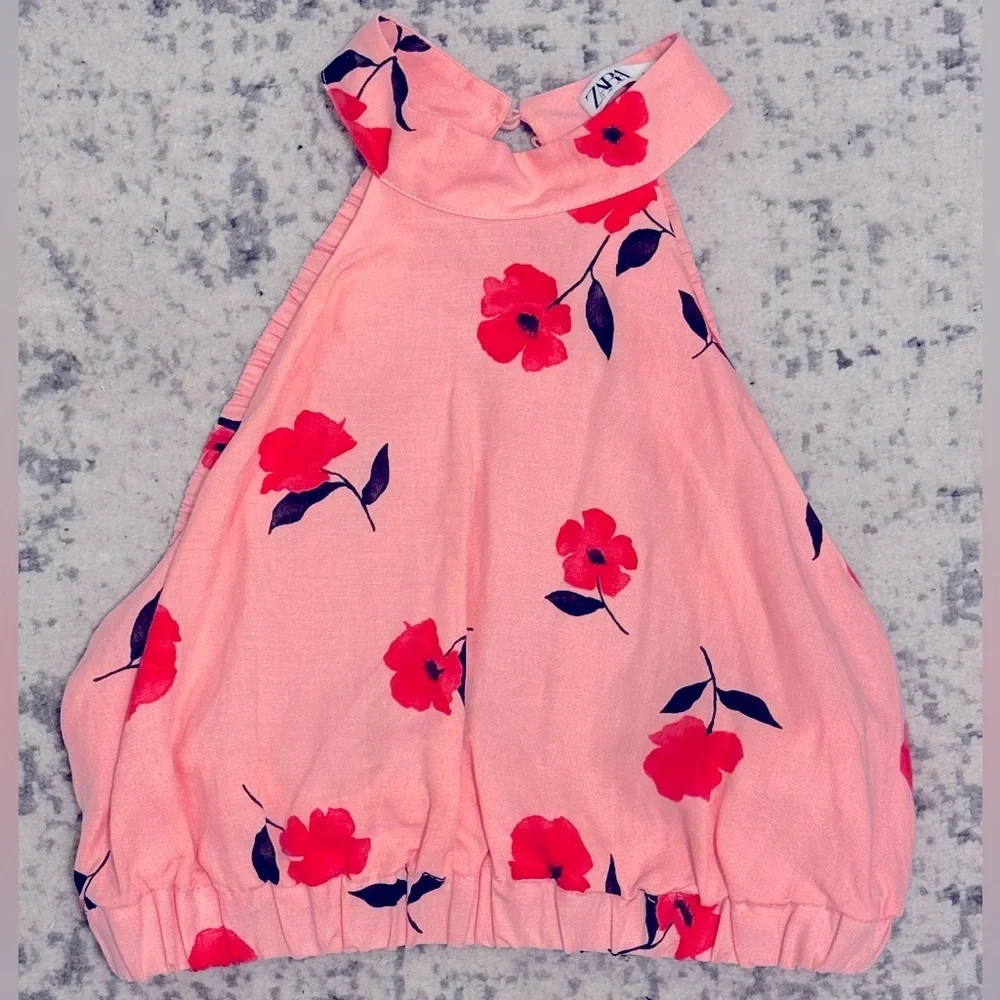 Zara Pink Poppy Floral Halter Crop Top Linen Blend Summer Vacation Backless - Picture 6 of 8